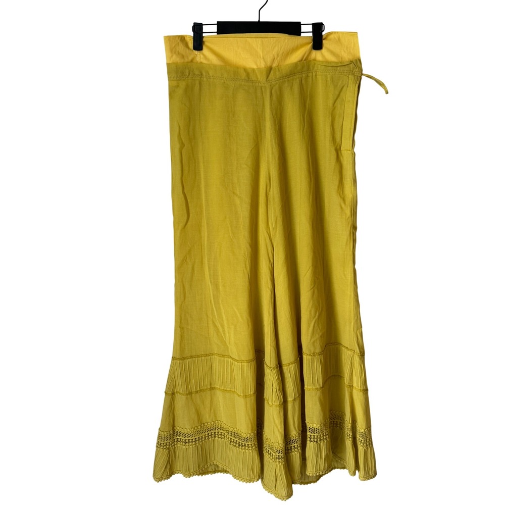 Lakshita Mustard Yellow Wide Leg Crochet Lace Pintuck Pants XS Boho Palazzo